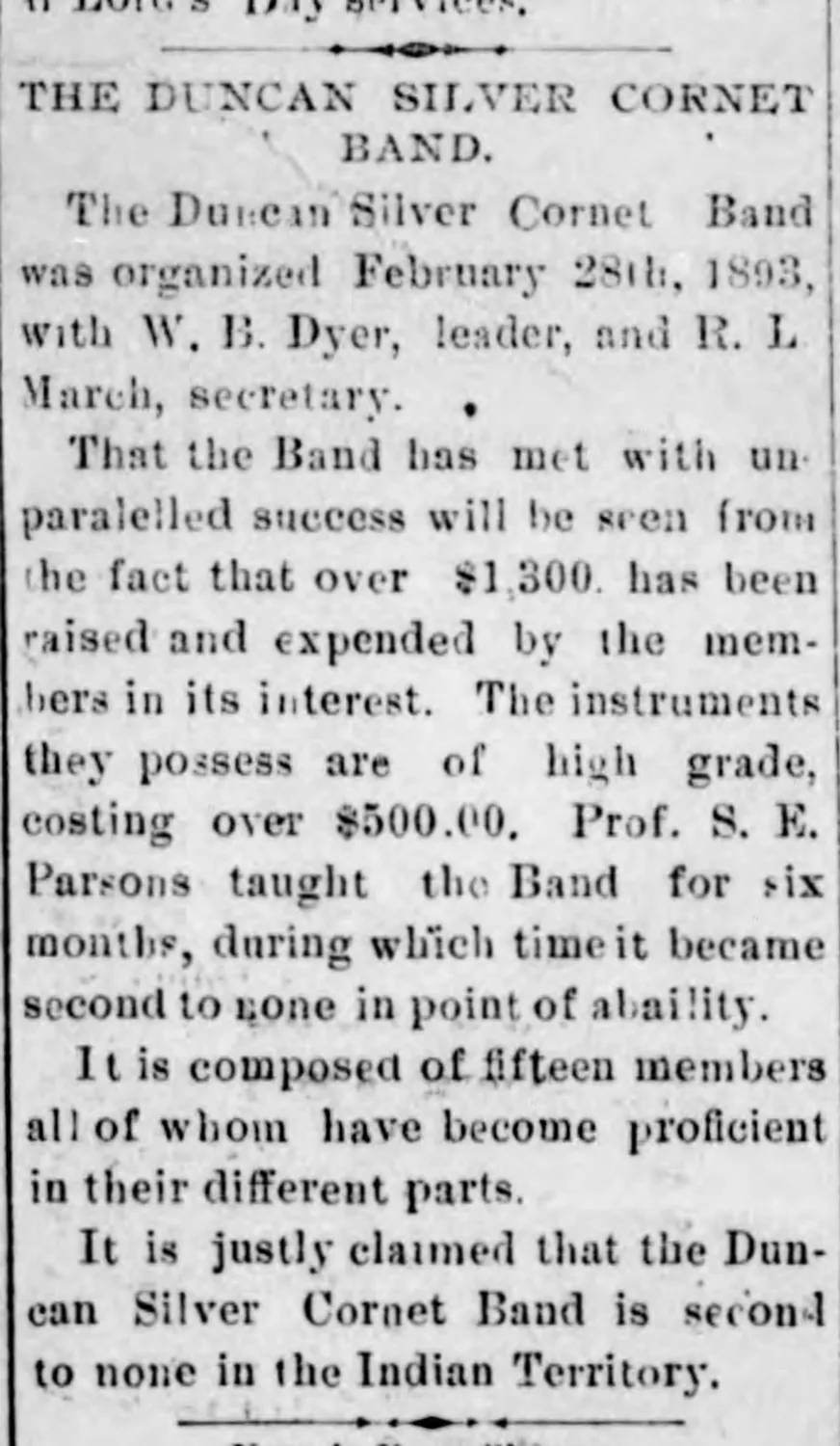 1895 newspaper report about the Duncan Silver Cornet Band