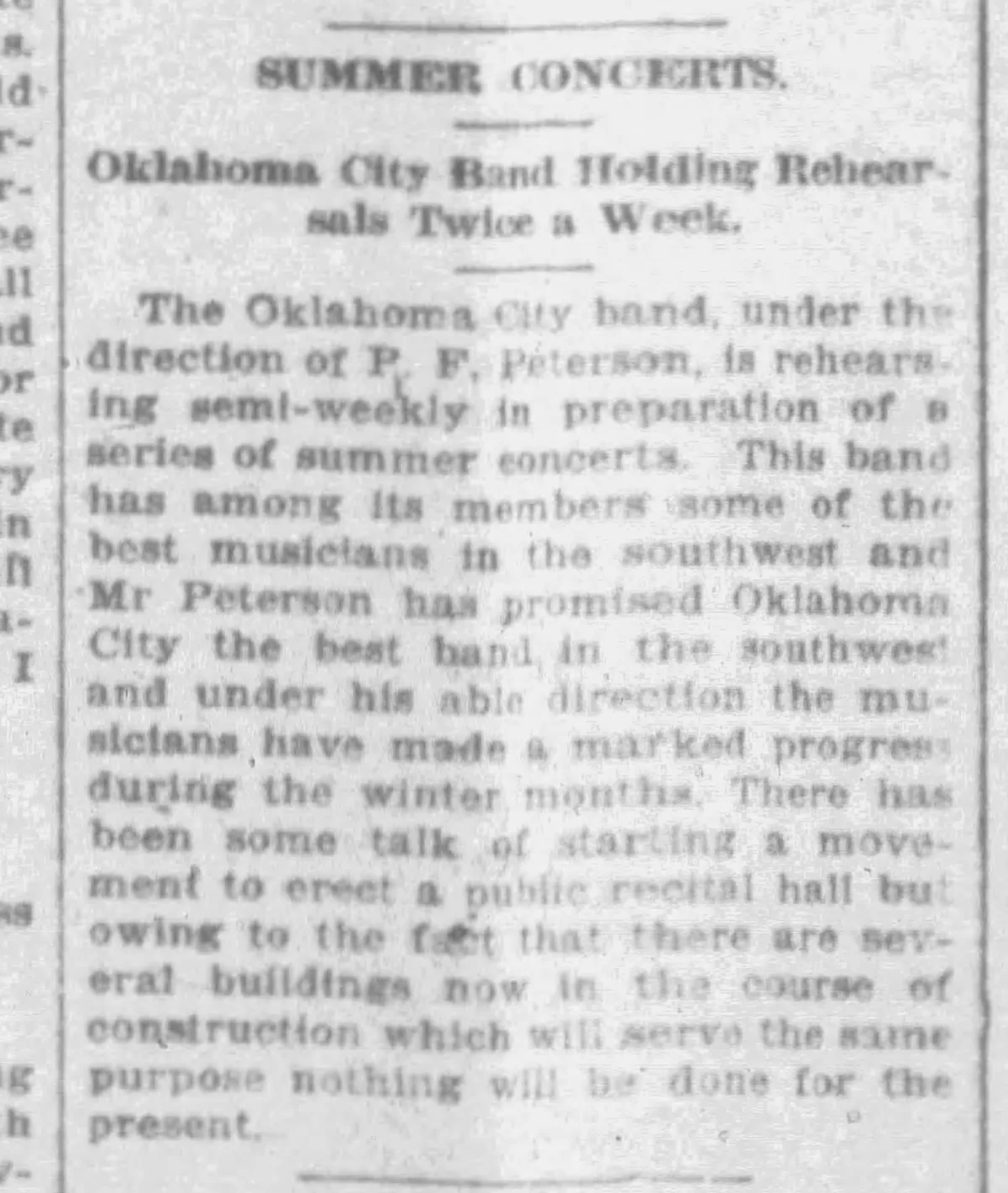 1907 newspaper report about Oklahoma City Band summer concerts